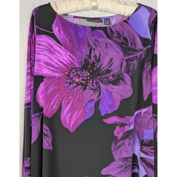 Susan Graver Artisan Blouse 1X Women's Purple Floral Sequin Long Sleeve Liquid - Picture 2 of 7